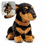 A charming dachshund puppy with a shiny black and tan coat lounges comfortably on a cream-colored couch, looking off to the side with a curious and slightly mischievous expression, one ear flopping adorably.