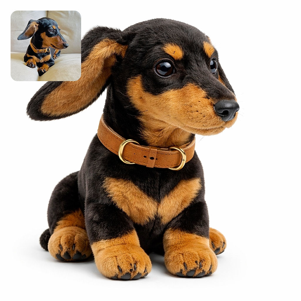 A charming dachshund puppy with a shiny black and tan coat lounges comfortably on a cream-colored couch, looking off to the side with a curious and slightly mischievous expression, one ear flopping adorably.