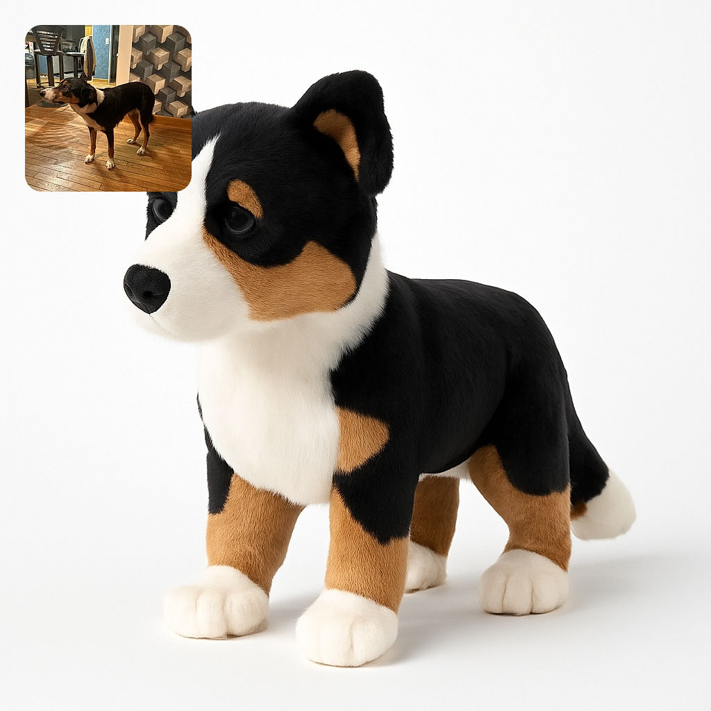 A curious dog stands alert on a wooden floor inside a cozy room with modern furniture and a geometric patterned wall, looking off to the side as if pondering the mysteries of the universe or waiting for a treat.