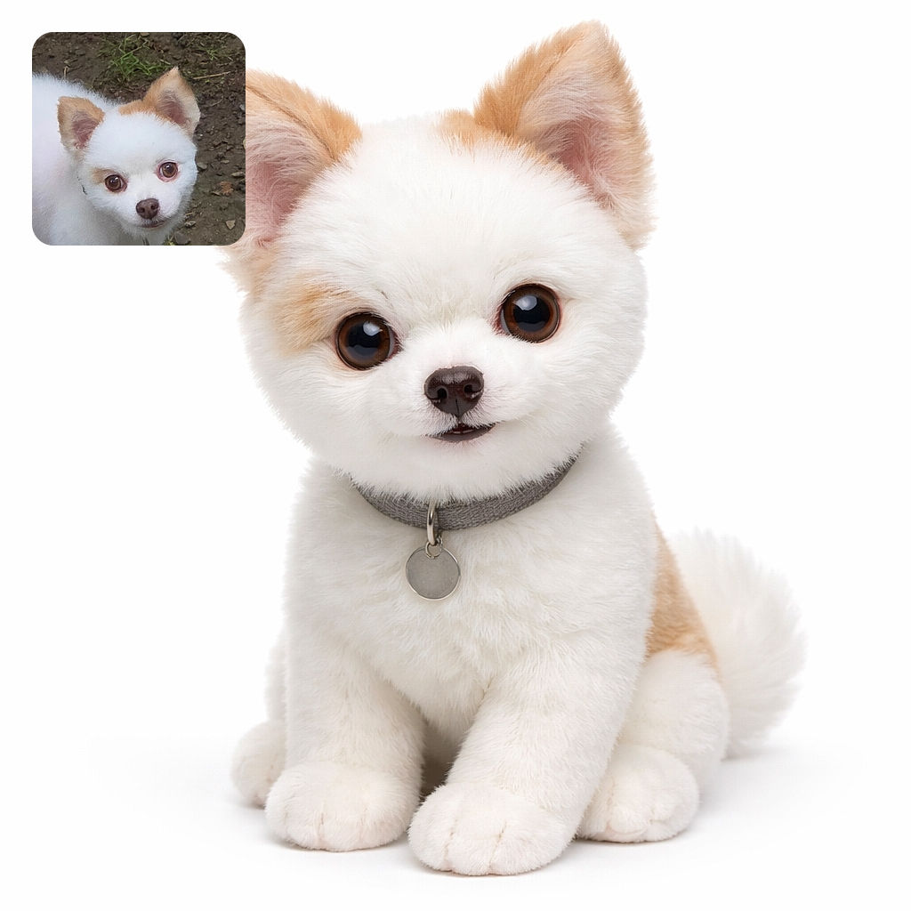 A curious little white and tan dog with big round eyes looks up with an innocent expression, standing on a patch of dirt and sparse grass. The photo is slightly soft but captures the pup's adorable face perfectly.