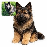 A fluffy German Shepherd lies in lush green grass with dappled sunlight casting intricate shadows across its face, creating a natural camouflage effect that makes it look like a woodland guardian.