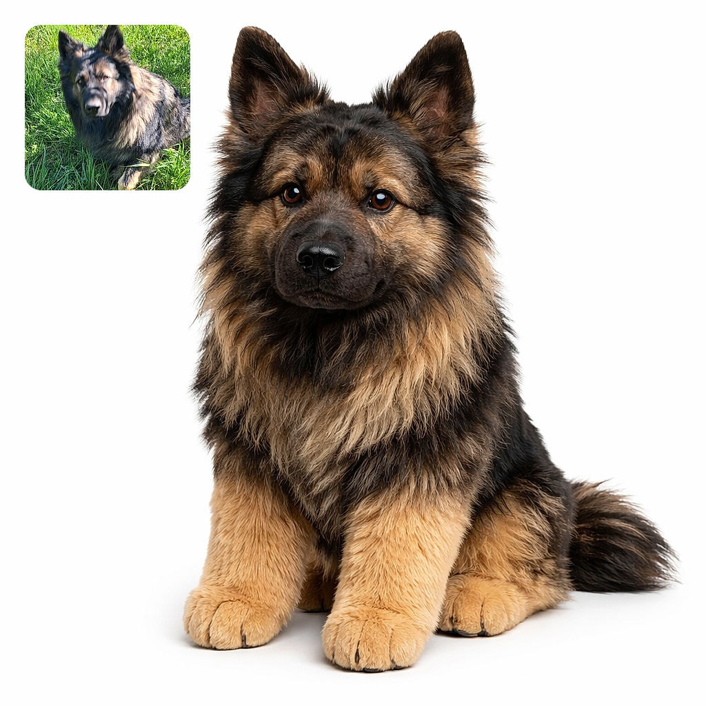 A fluffy German Shepherd lies in lush green grass with dappled sunlight casting intricate shadows across its face, creating a natural camouflage effect that makes it look like a woodland guardian.