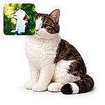 A fluffy white and brown cat lounges luxuriously on a patch of sunlit green grass, soaking up the warm rays while shadows of leaves dance around it, creating a peaceful outdoor nap scene.