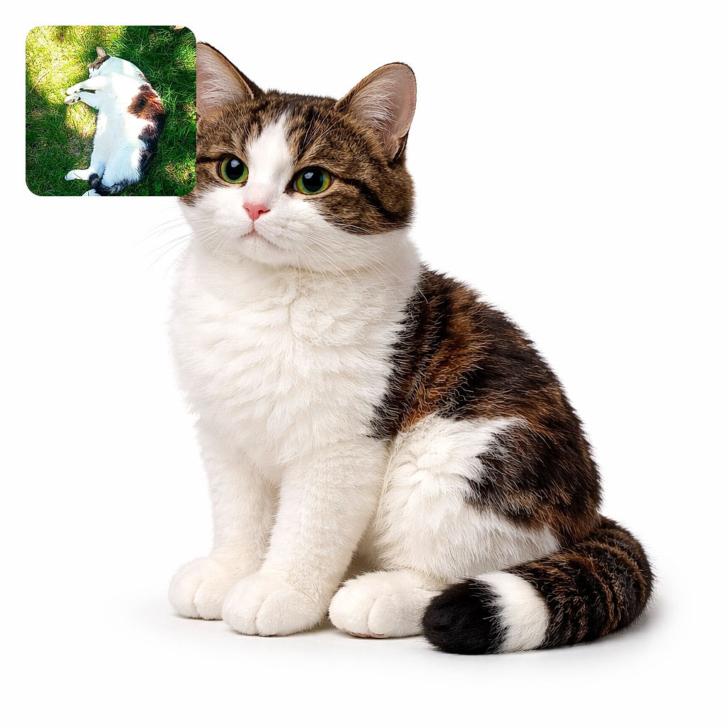 A fluffy white and brown cat lounges luxuriously on a patch of sunlit green grass, soaking up the warm rays while shadows of leaves dance around it, creating a peaceful outdoor nap scene.
