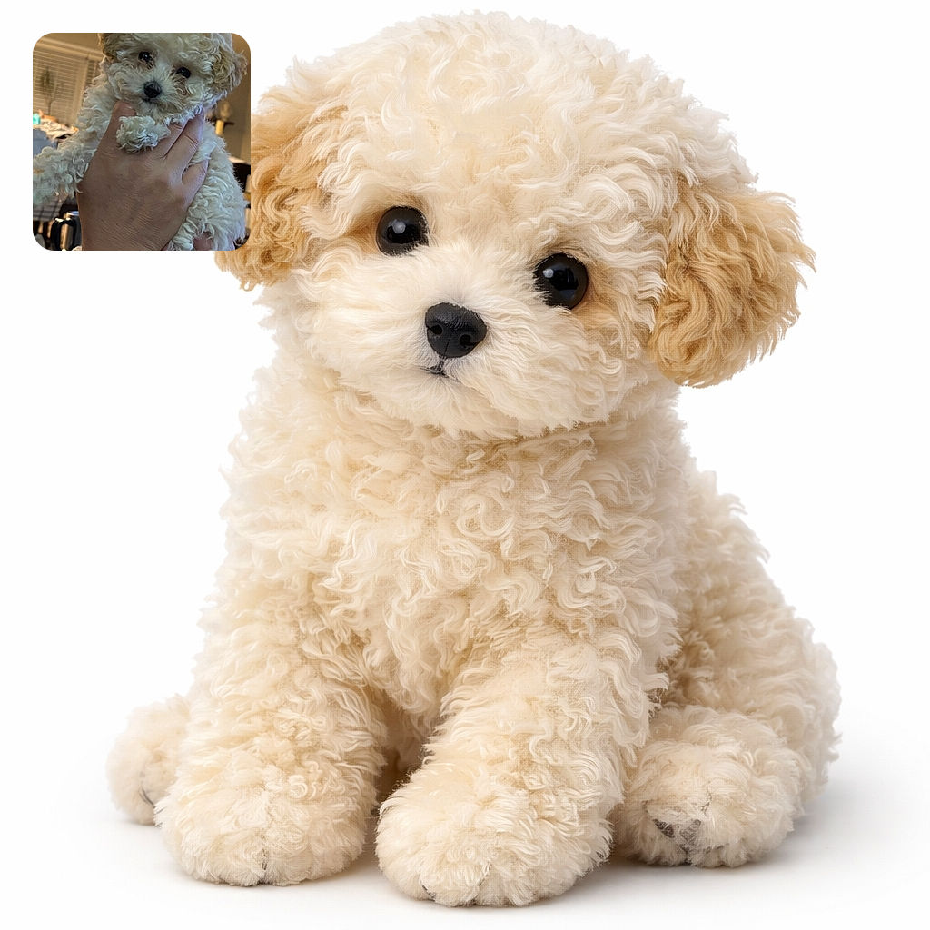 A fluffy, curly-haired puppy is being held up by a hand, looking adorably curious with shiny black eyes and a tiny nose, against a cozy indoor background with soft lighting.