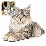 A majestic Maine Coon cat lounges with an expression of regal boredom on a wooden table, with a cozy indoor background featuring a leafy potted plant and soft natural lighting that highlights its fluffy fur.