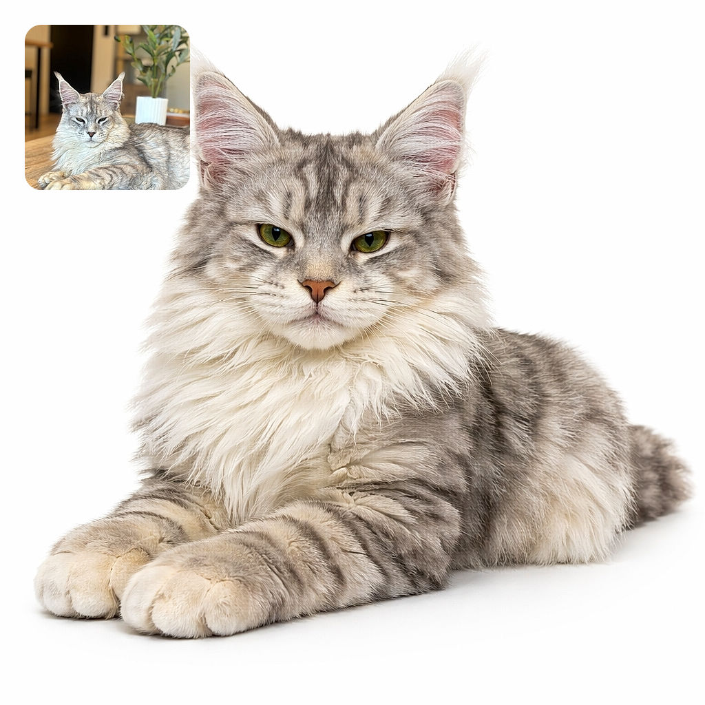 A majestic Maine Coon cat lounges with an expression of regal boredom on a wooden table, with a cozy indoor background featuring a leafy potted plant and soft natural lighting that highlights its fluffy fur.