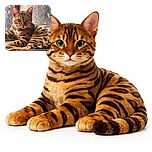 A majestic Bengal cat lounges gracefully on a rustic wooden surface, its striking golden coat with bold black stripes glowing warmly in natural light, set against a textured, weathered wall that adds character to the cozy scene.