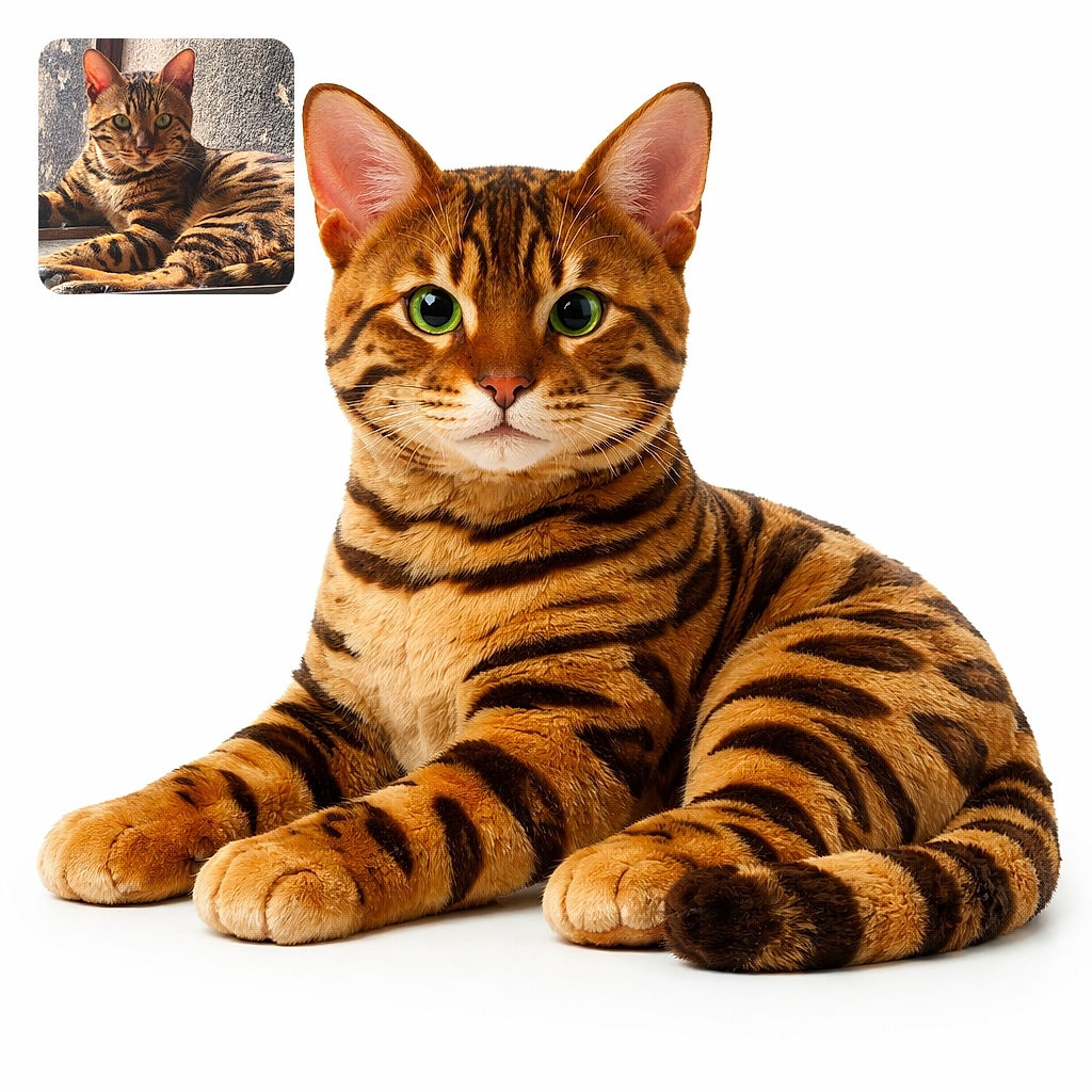 A majestic Bengal cat lounges gracefully on a rustic wooden surface, its striking golden coat with bold black stripes glowing warmly in natural light, set against a textured, weathered wall that adds character to the cozy scene.
