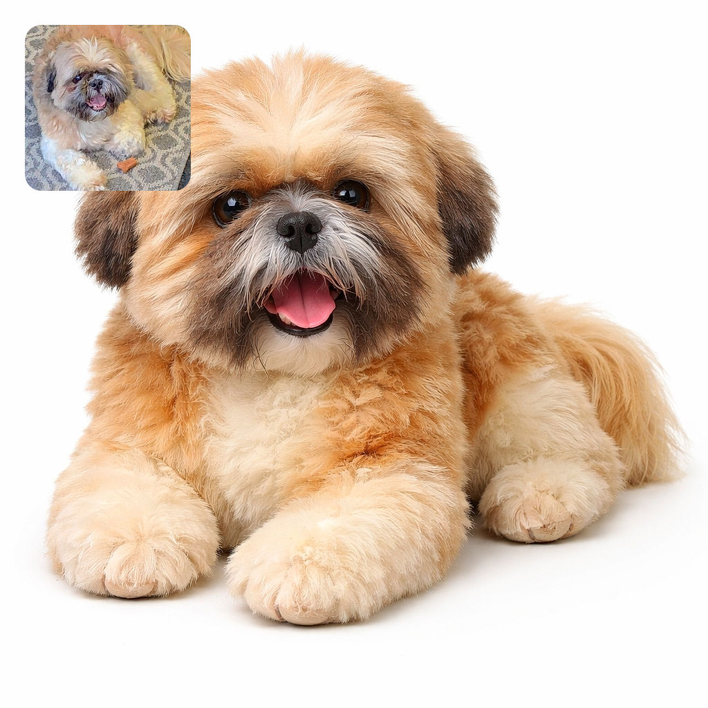 A fluffy, happy dog with a scruffy face lies on a patterned rug, looking excitedly at the camera with its mouth open, next to a small bone-shaped treat.