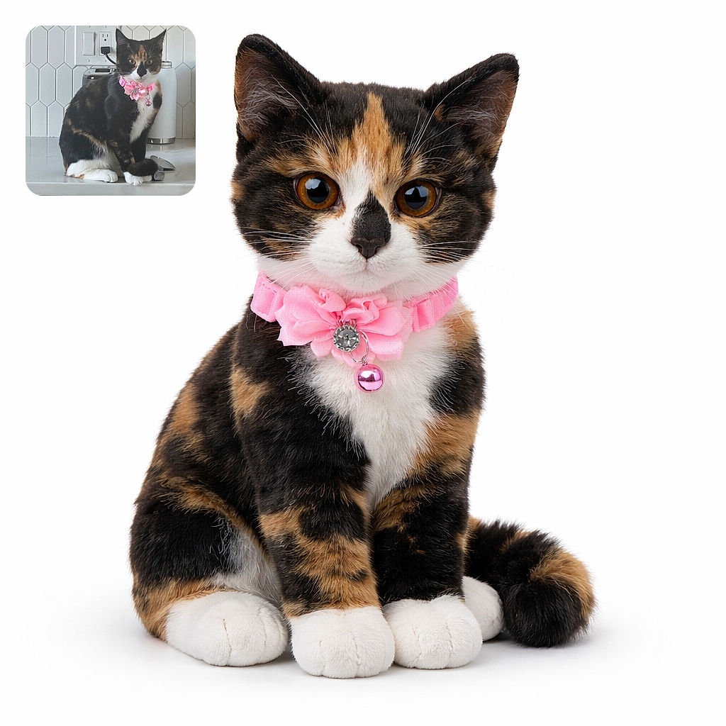 A sassy calico kitten in a pink flower collar has claimed the kitchen counter as her throne, sitting between a toaster and a jar and staring like she personally installed the outlet — bell and whiskers on full display.