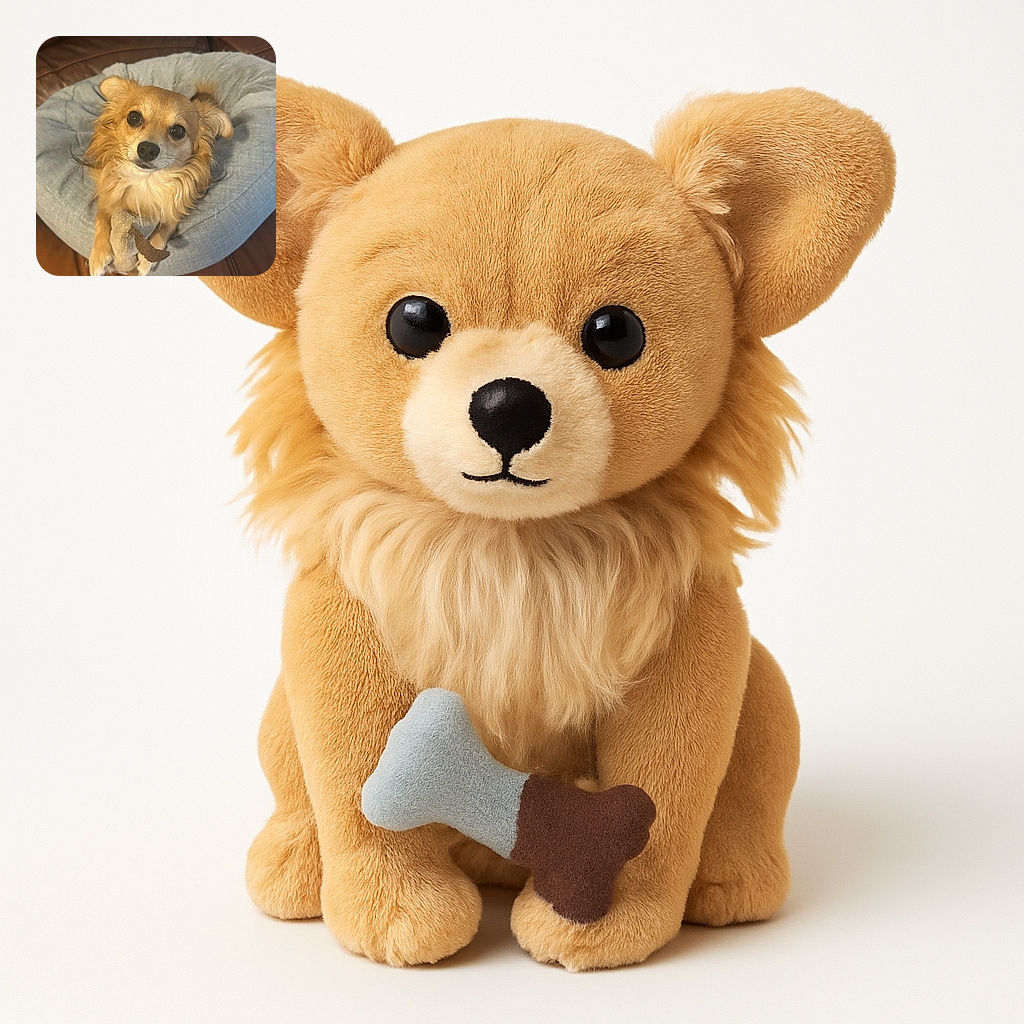 A charming small dog with big, soulful eyes lounges comfortably on a soft, gray pet bed placed on a rich brown leather couch, clutching a plush toy with its paws as if guarding a treasured prize.