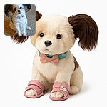A fluffy white dog with adorable dark ears styled like pigtails is sitting on a carpet wearing tiny pink shoes, looking curiously at the camera with a slightly blurry but charming effect.