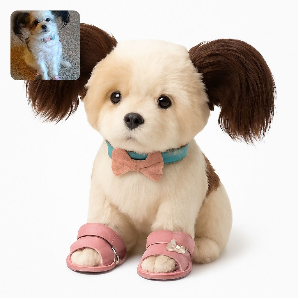 A fluffy white dog with adorable dark ears styled like pigtails is sitting on a carpet wearing tiny pink shoes, looking curiously at the camera with a slightly blurry but charming effect.