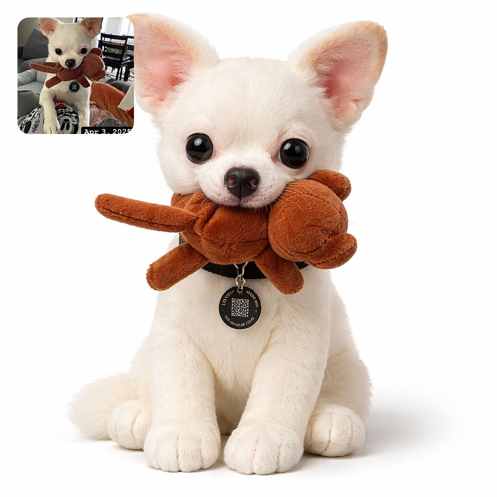 A tiny white Chihuahua clutching a brown stuffed toy in its mouth, standing on a person's lap dressed in Mickey Mouse pajama pants. The cozy living room background features a gray couch, dining table with chairs, and some wall art, while the photo is timestamped with a bold text overlay reading 'Apr 3, 2025 ON THIS DAY'.