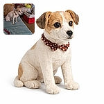 A small, alert dog wearing a patterned bow-collar perches on a teal blanket like it’s modelling for a cozy living-room catalog — the rest of the room is a charming jumble of pillows, a red cooler sidekick, and a sunlit window casting blinds-shaped shadows.