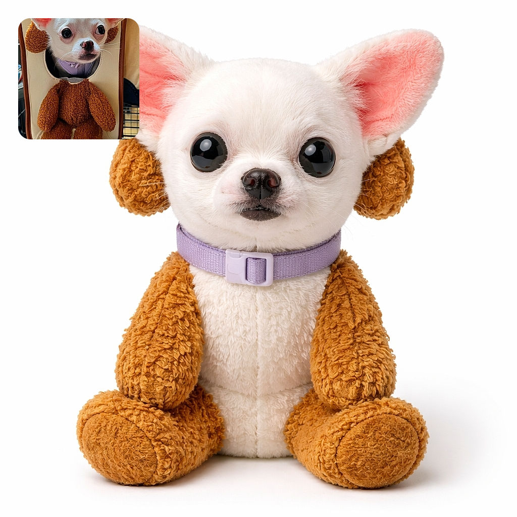 A tiny wide-eyed chihuahua peeks out of a teddy-bear-themed carrier like it's auditioning for 'Most Dramatic Snack-Seeker' — ears on full alert, nose twitching, and an expression that says, "Is that treat for me or the bear?"