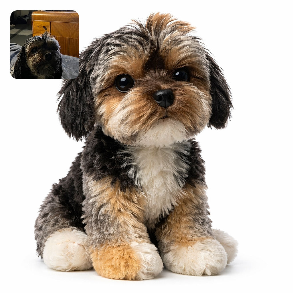A sleepy little pup lounges on a blanket in dim, cozy lighting while a tiny plush chicken watches from atop a wooden dresser — cinematic shadows, tousled fur, and an expression that says "five more minutes."