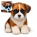 A close-up, somewhat blurry photo of a brown and white dog with dark patches around its eyes, looking curiously at the camera while resting on a surface.