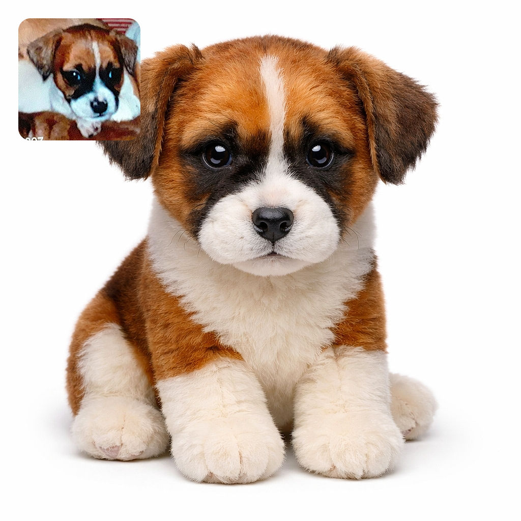 A close-up, somewhat blurry photo of a brown and white dog with dark patches around its eyes, looking curiously at the camera while resting on a surface.