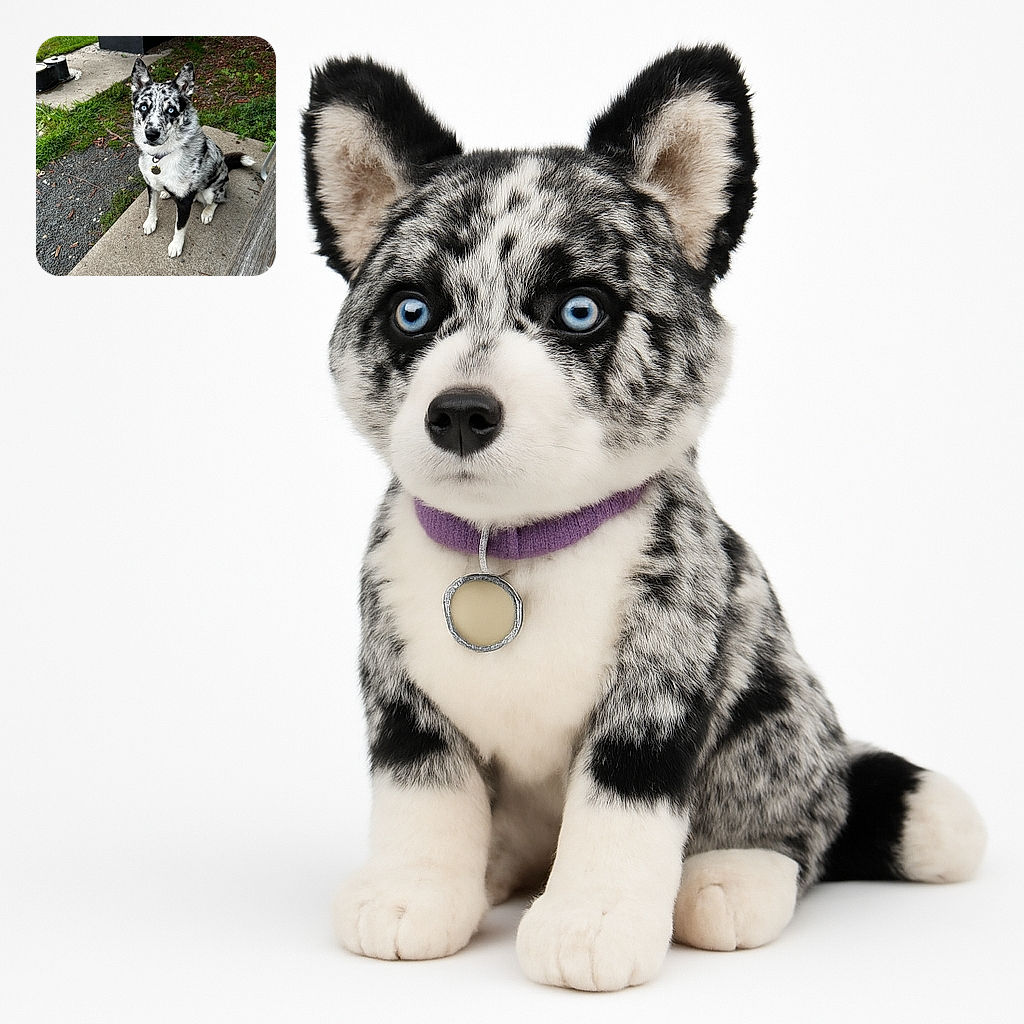 A striking blue-eyed dog with a beautiful speckled black and white coat sits attentively on a concrete step, surrounded by grass, gravel, and garden mulch, looking ready for an adventure or a treat.