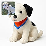 A charming white puppy with a spotty black ear and nose sits patiently on the grass, sporting a colorful blue and orange collar. The sunlight gently highlights its soft fur, making it look like the star of a sunny day outdoor photo shoot.