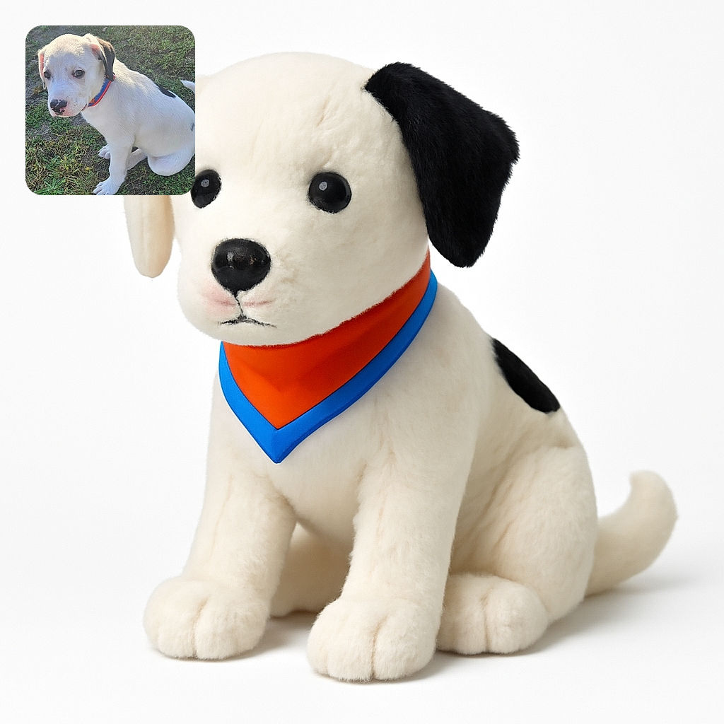 A charming white puppy with a spotty black ear and nose sits patiently on the grass, sporting a colorful blue and orange collar. The sunlight gently highlights its soft fur, making it look like the star of a sunny day outdoor photo shoot.