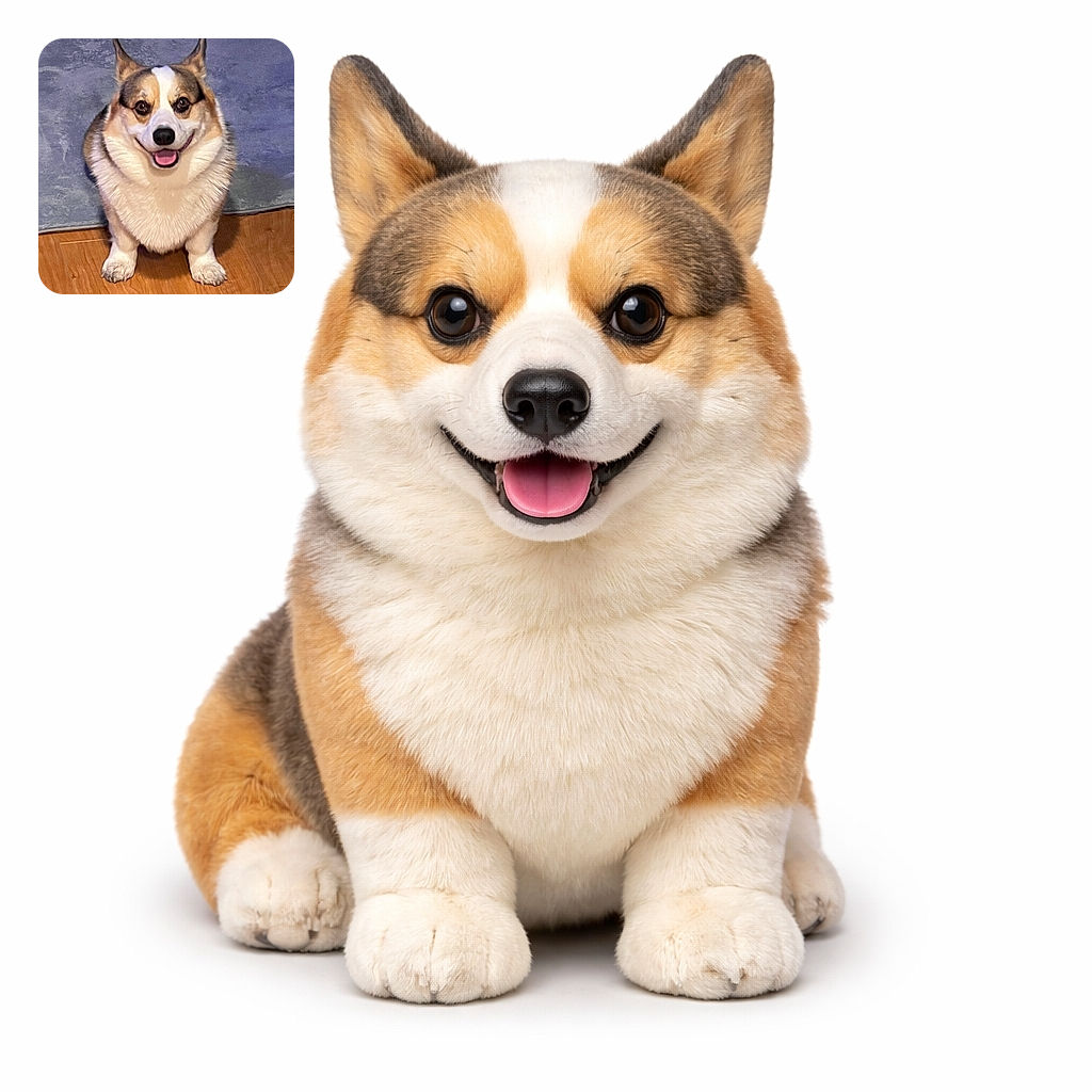 A jubilant corgi loaf sits perfectly centered on a wooden floor with a soft rug behind it, tongue out and eyes wide like it just heard the treat bag. Its ears stand at full attention while the camera UI peeks around the edges — a portrait of pure, unapologetic pupper joy.