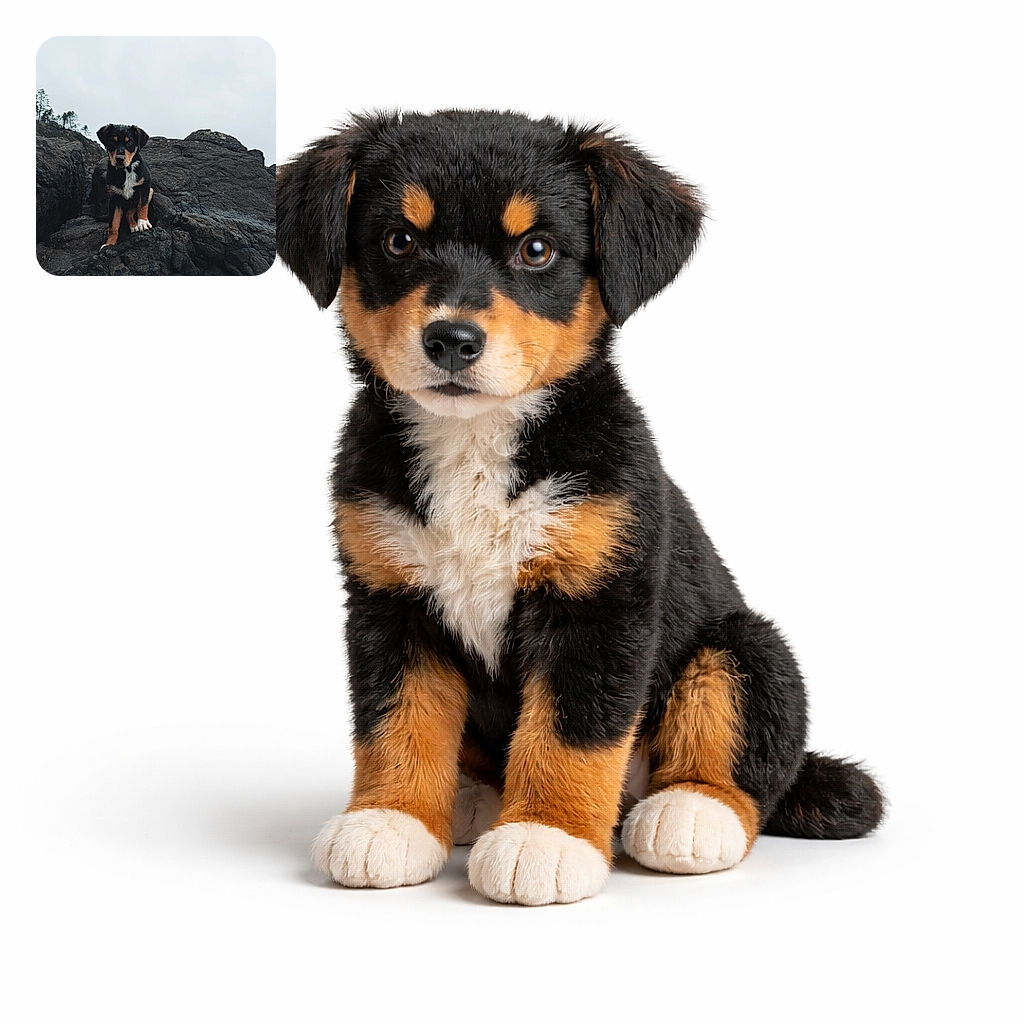 A tiny, serious-faced puppy perched like a mountain guide on black volcanic rocks under a moody, overcast sky — equal parts intrepid explorer and adorable hostage to gravity.
