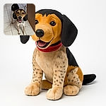 A happy, attentive dog with big floppy ears and a spotted coat stands on a tiled floor looking up with bright, eager eyes and a wide smile, as if ready for a game or a treat.