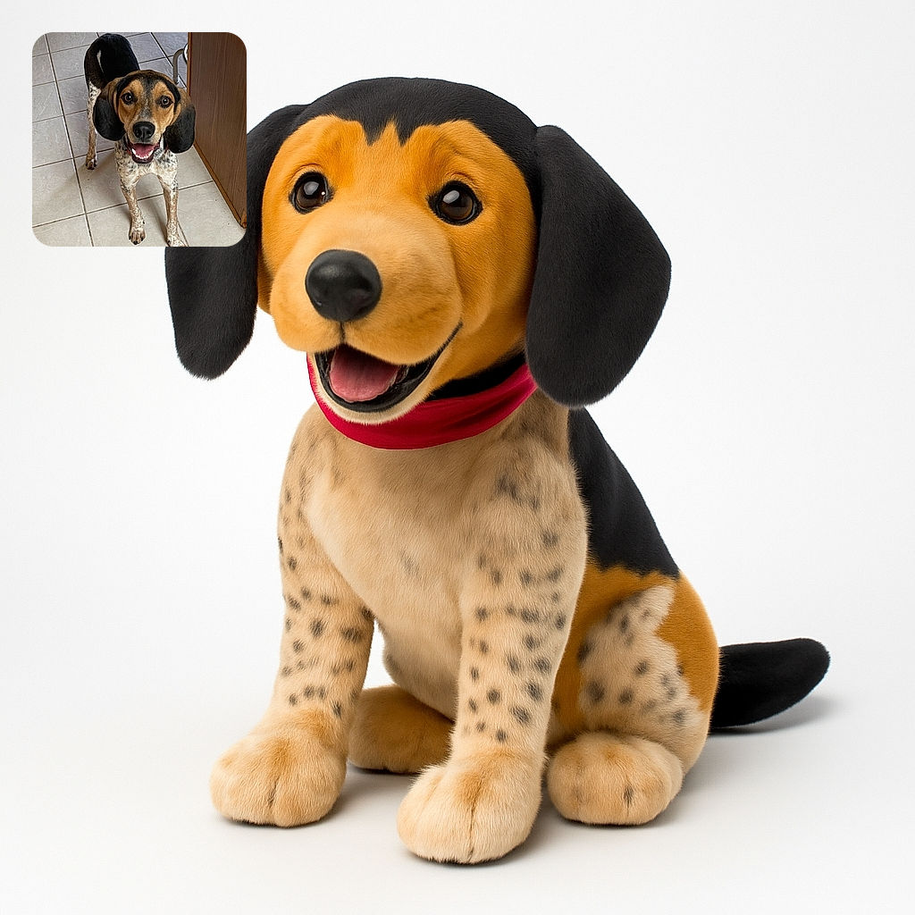 A happy, attentive dog with big floppy ears and a spotted coat stands on a tiled floor looking up with bright, eager eyes and a wide smile, as if ready for a game or a treat.