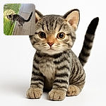 A curious little tabby kitten with big green eyes stands on a wooden floor next to a green and yellow woven rug, glancing up as if caught mid-adventure. A metal wire basket lies nearby, adding a quirky touch to this cozy indoor scene.