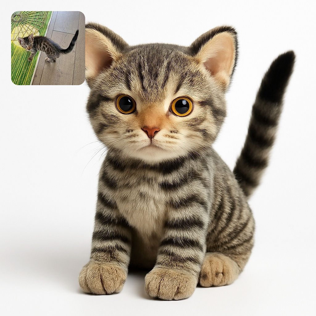 A curious little tabby kitten with big green eyes stands on a wooden floor next to a green and yellow woven rug, glancing up as if caught mid-adventure. A metal wire basket lies nearby, adding a quirky touch to this cozy indoor scene.