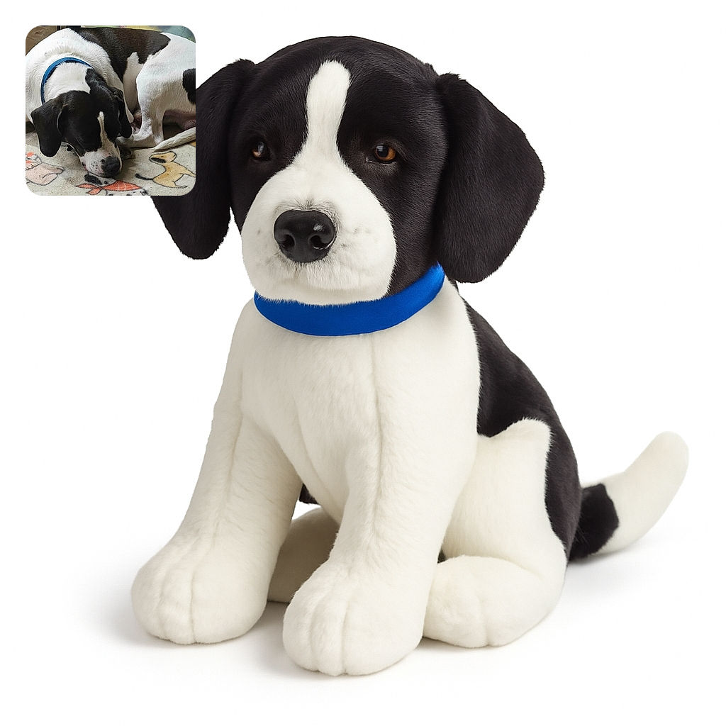 A black and white dog with a blue collar is lying down on a cartoon-printed blanket, seemingly sniffing or licking the fabric. The cozy indoor setting shows some yarn in the background, suggesting a crafty home environment.