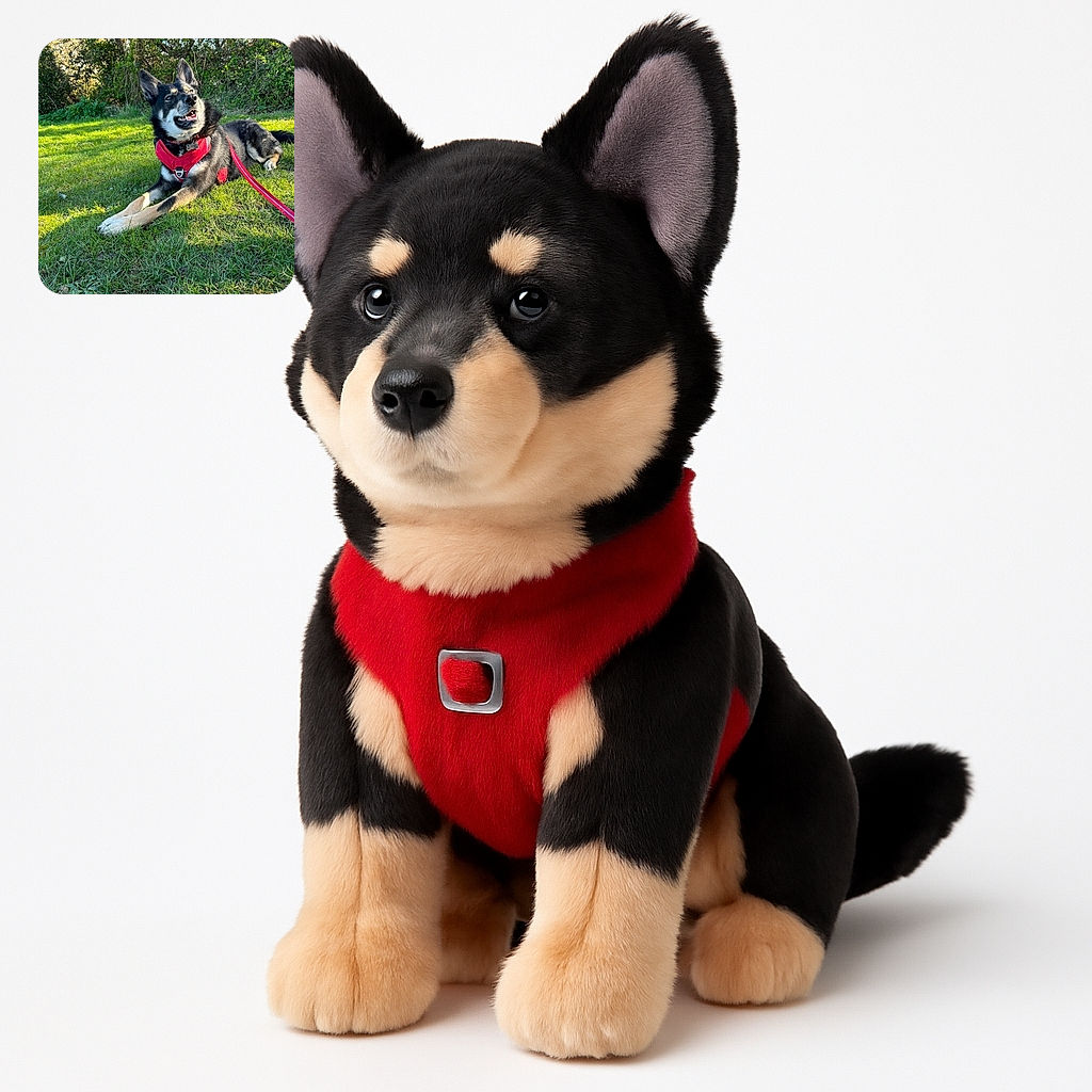 A happy dog lounges on the grass wearing a bright red harness, basking in the warm sunlight with a cheeky grin that says, 'Walkies or nap time? Why not both?' The lush greenery and soft shadows make it look like the perfect day for a furry friend to chill out.