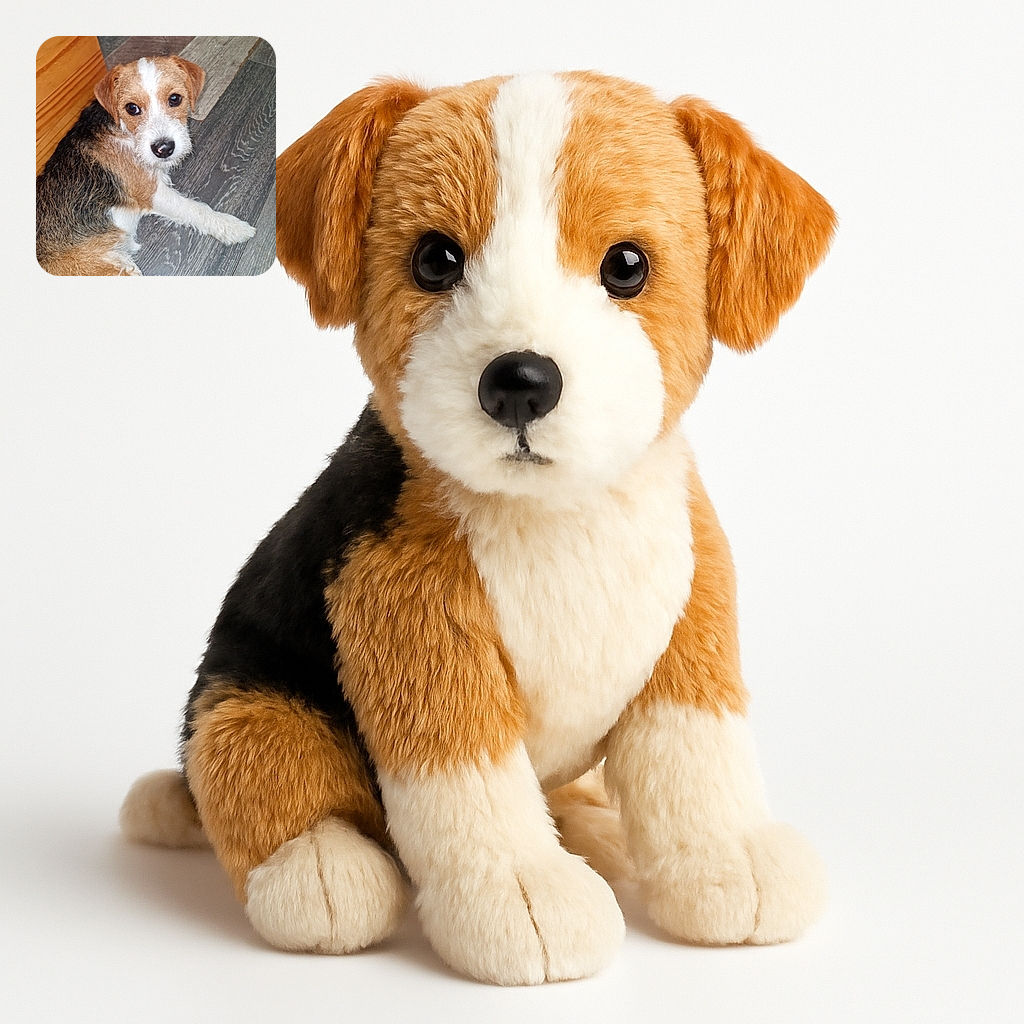 A curious and adorable dog with a mix of brown, white, and black fur is lying on a wooden floor, looking up with big, expressive eyes as if asking for a treat or a belly rub.