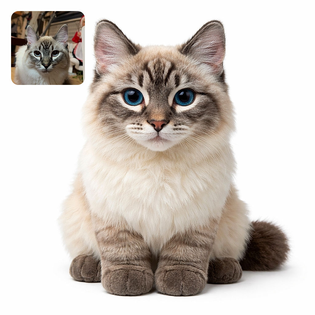 A fluffy, blue-eyed cat sits like a tiny throne guardian, staring deadpan into the camera while warm fairy lights and a holiday doll blur in the background — the kind of judgmental face that says "you may proceed, but only if you have treats."