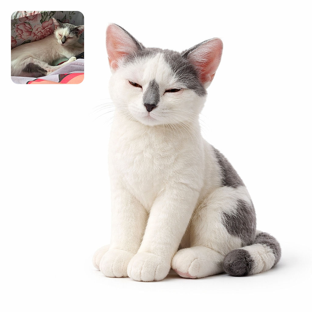 A peaceful white cat with gray markings naps cozily on a floral-patterned fabric, basking in soft natural light with eyes gently closed, embodying pure feline relaxation.