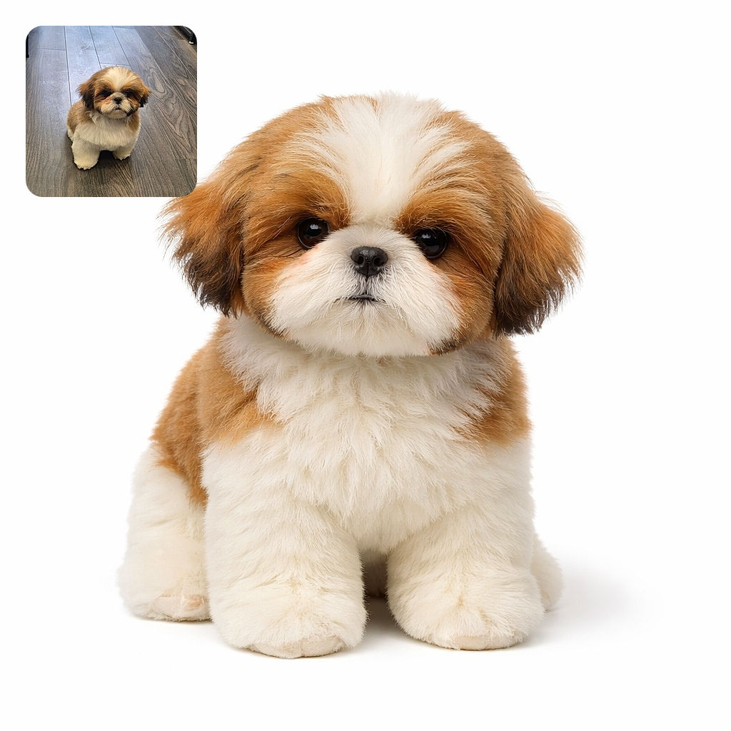 A fluffy Shih Tzu puppy is perched on a wooden floor like a furry little loaf, staring deadpan at the camera with a face that says, 'Where are my treats?' — utterly adorable and slightly judgmental.