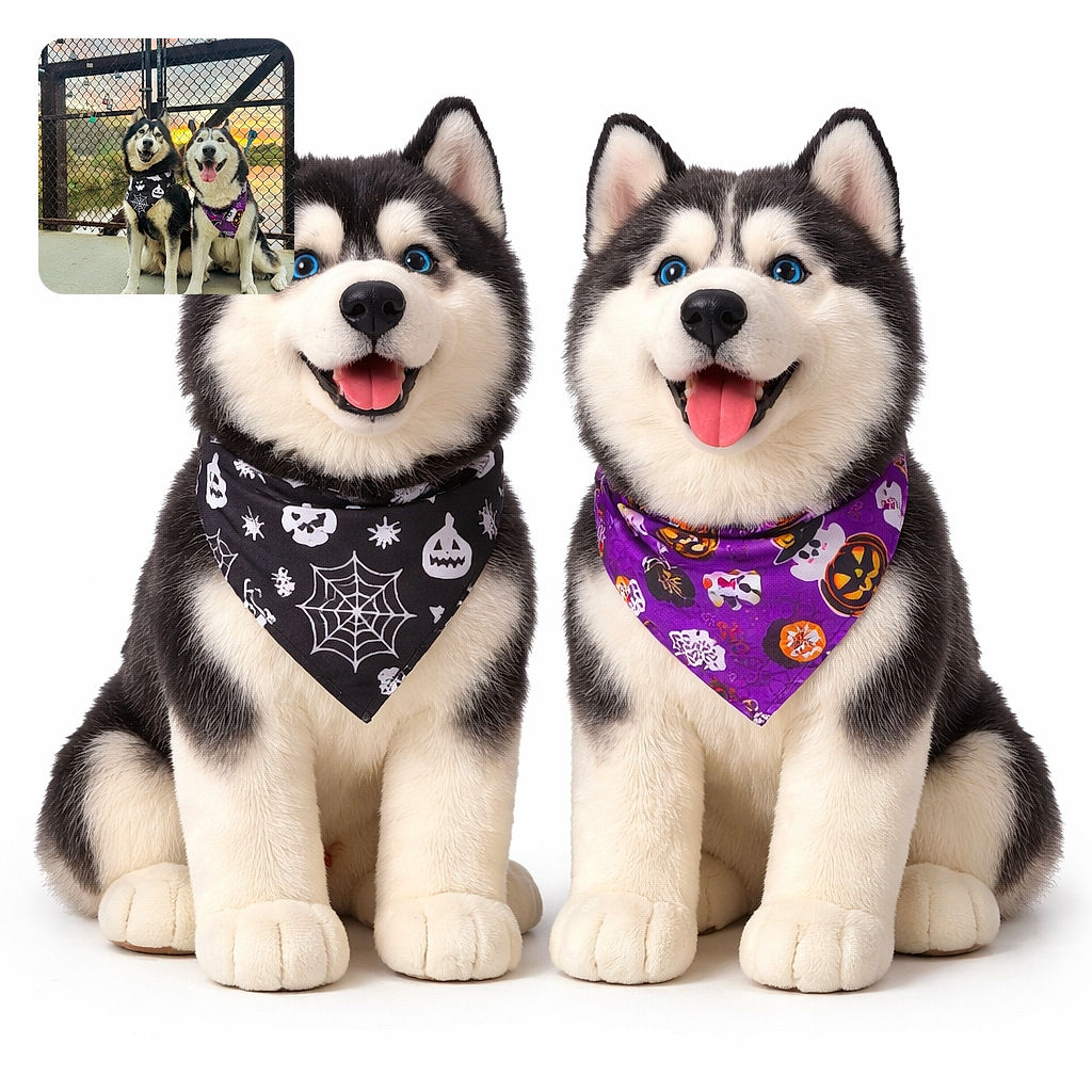 Two happy huskies posing like Halloween models in their spooky bandanas, sitting in front of a chain-link fence decorated with love locks and a beautiful sunset reflecting on the water behind them.