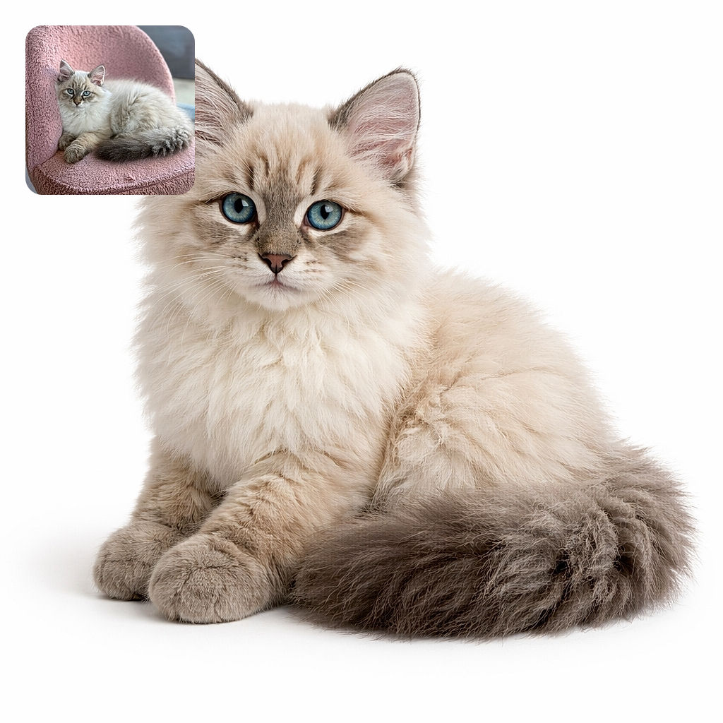 A fluffy, blue-eyed kitten lounges regally on a cozy pink textured chair, looking like the ultimate tiny monarch surveying its soft kingdom.