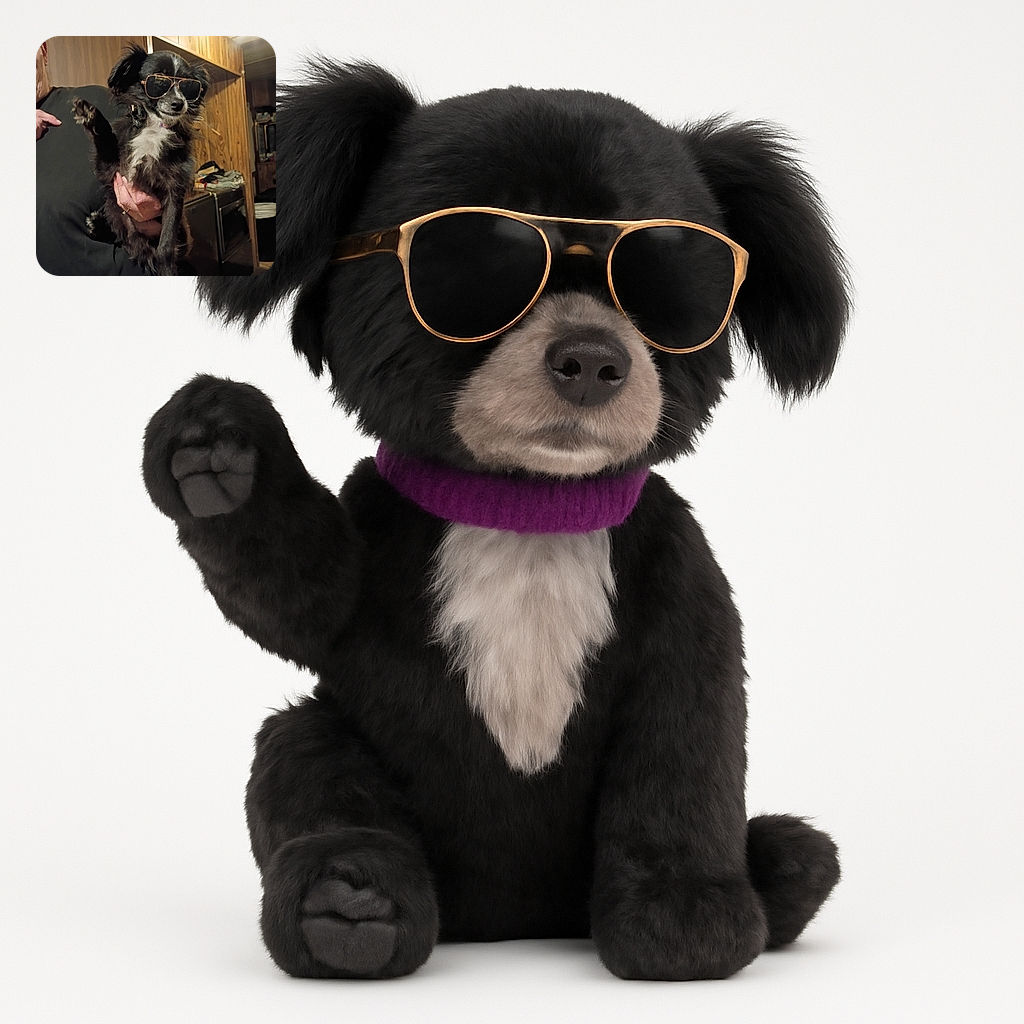 A small black and white dog wearing oversized aviator sunglasses is being held up by a person in a cozy wood-paneled room, striking a cool and confident pose as if ready to star in a canine action movie.