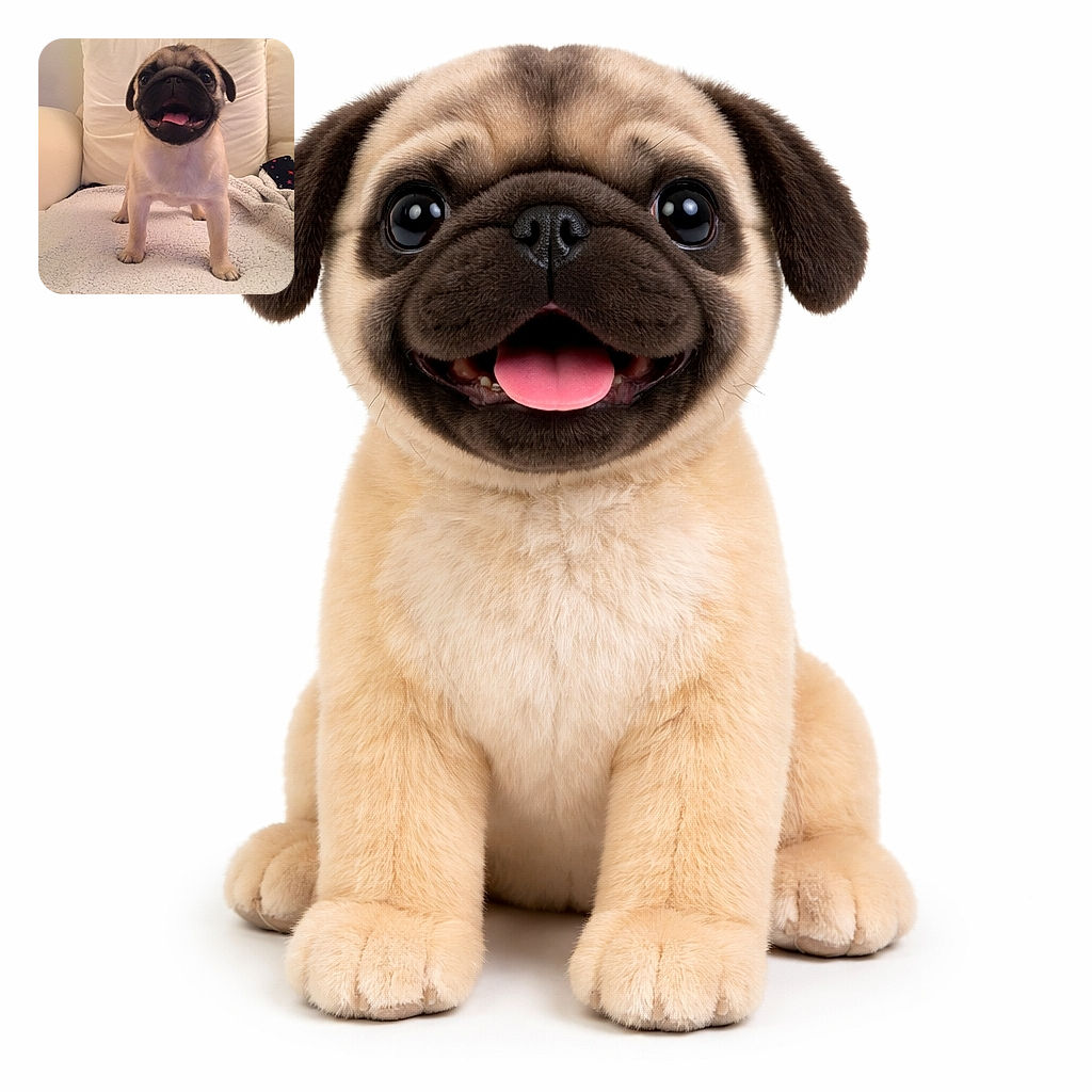 A happy little pug puppy stands on a cozy textured blanket in front of a white couch, tongue out and eyes wide, ready to brighten anyone's day with its adorable charm.