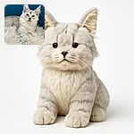 A fluffy silver tabby kitten lounges on a soft, white furry blanket against a deep blue background, reaching one paw forward with curious eyes wide open, as if inviting you to join in on the cozy chill session.