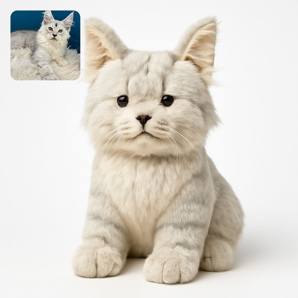 A fluffy silver tabby kitten lounges on a soft, white furry blanket against a deep blue background, reaching one paw forward with curious eyes wide open, as if inviting you to join in on the cozy chill session.