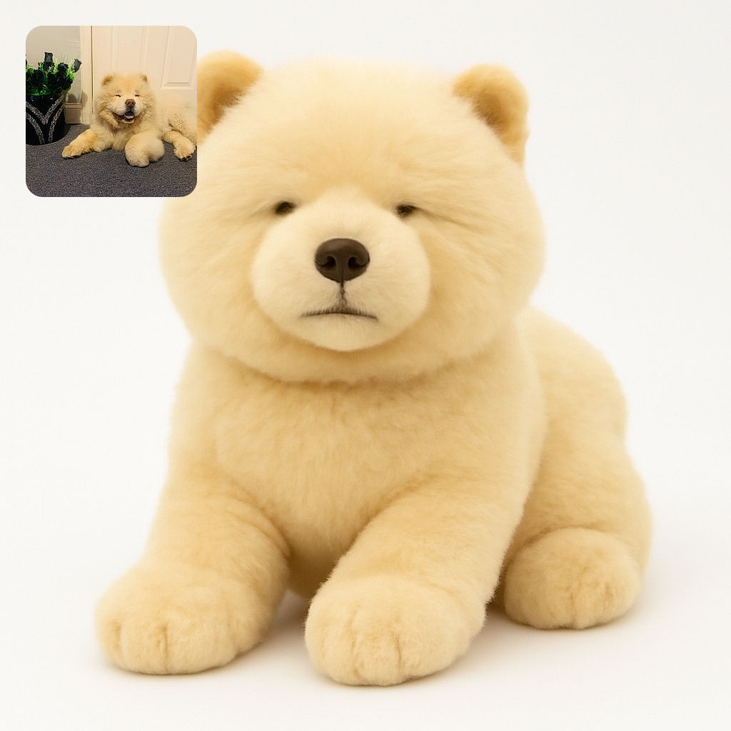 A fluffy cream-colored dog lounges happily on a gray carpet in front of a white door, posing like a fluffy cloud of joy next to a stylish black vase filled with black roses and green foliage.