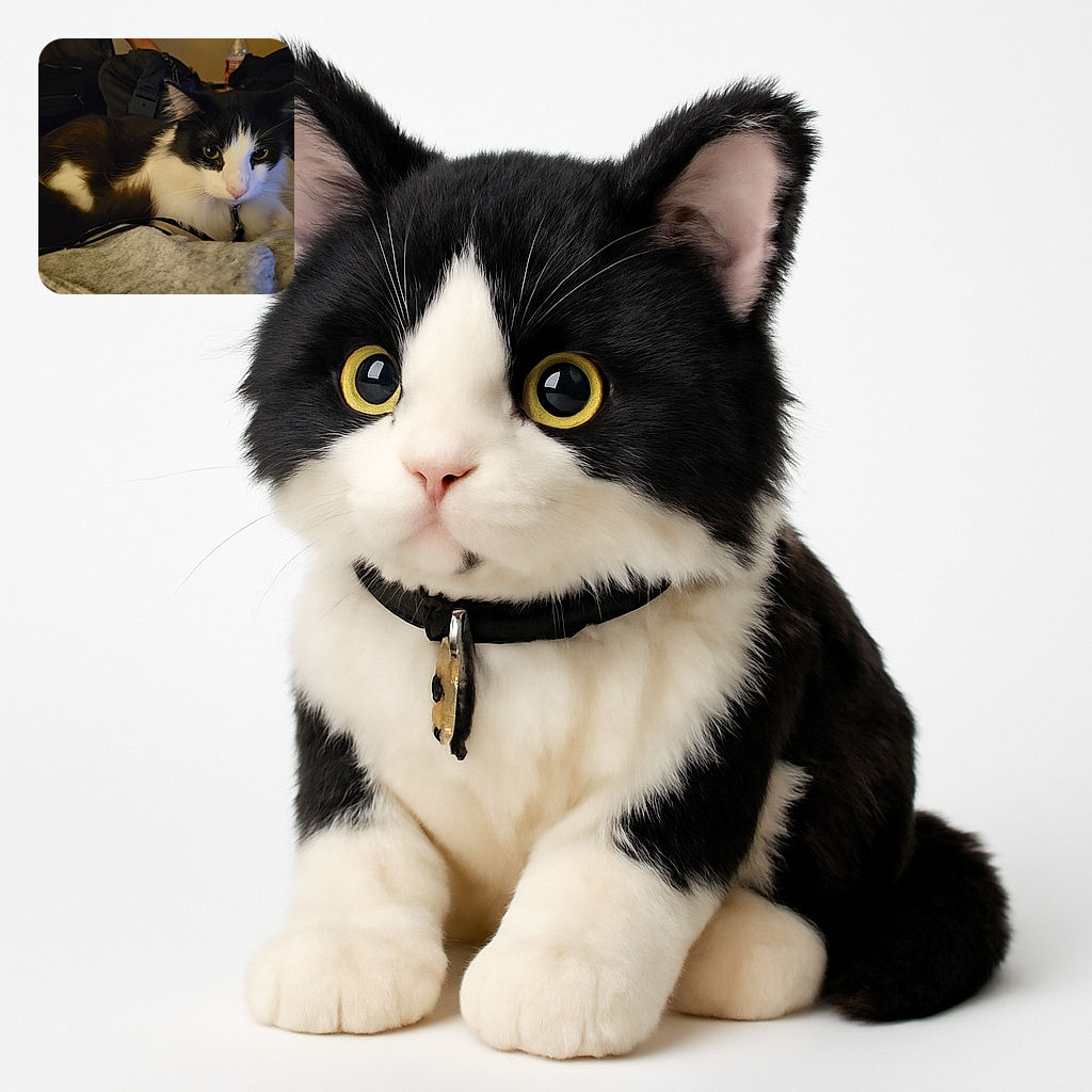 A cozy black and white cat lounges comfortably on a soft surface with a slightly blurred background of bags and a water bottle, its bright eyes staring curiously at the camera as if pondering the mysteries of life.