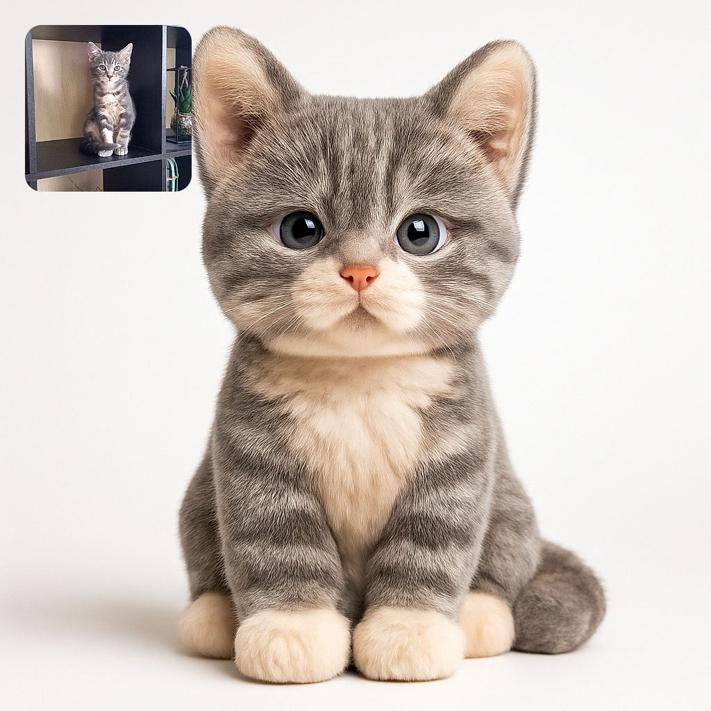 A curious gray tabby kitten sits neatly inside a black cubby shelf, looking directly at the camera with wide eyes, surrounded by home decor items like a plant and a decorative nest below.