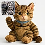 A tabby cat is sitting in a quirky, relaxed pose on a patterned rug, looking intently at something off-camera with bright, curious eyes and a little bell on its collar jingling softly.