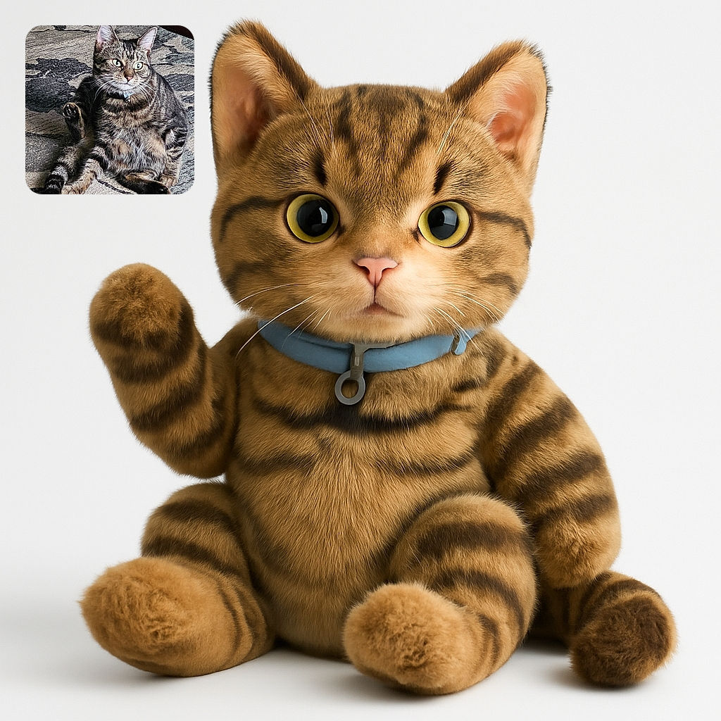 A tabby cat is sitting in a quirky, relaxed pose on a patterned rug, looking intently at something off-camera with bright, curious eyes and a little bell on its collar jingling softly.